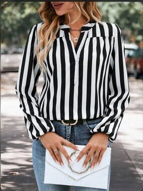 Chico's Black & White Diagonal Stripe Wrap Blouse